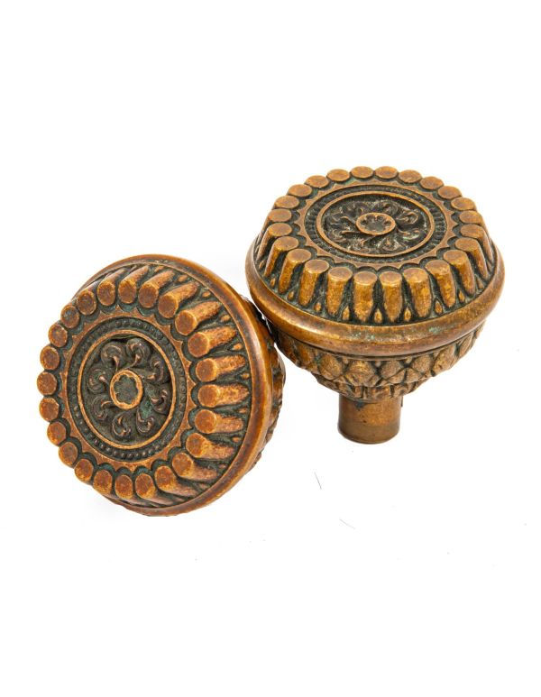 matching set of original oversized ornamental cast bronze "corinthian" pattern doorknobs with nicely aged patina 