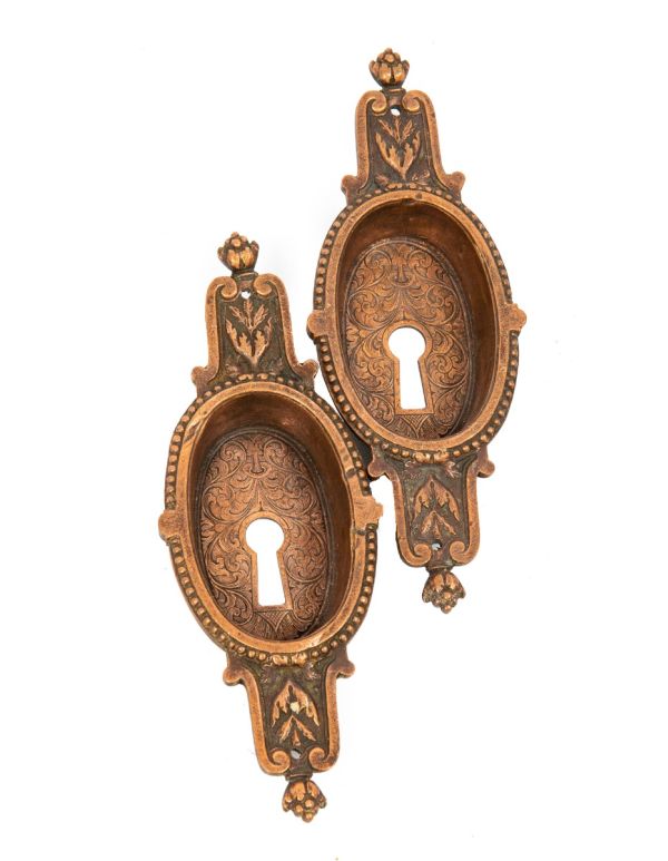 matching set of unusual 1860s-1870s copper and zinc ornamental residential pocket door backplates 