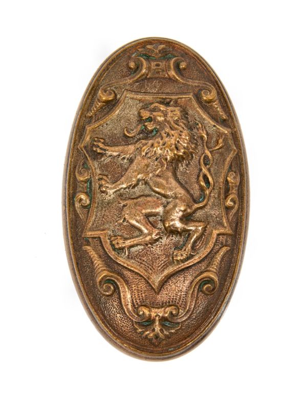 hard to find original yale & towne 1910 cast bronze "brabrant" pattern oval-shaped doorknob with standing lion