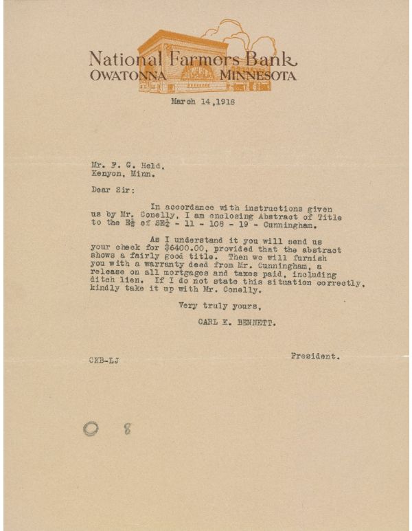dated and signed original carl k. bennett letter typed on national farmers bank stationary with bank building header