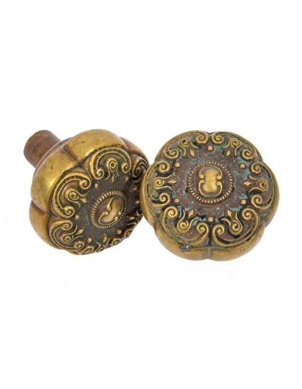 matching set of nicely aged early 20th century salvaged chicago ornamental cast brass doorknobs by chantrell hardware company 