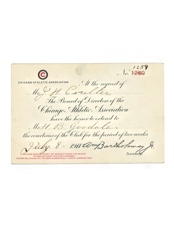 original hand-written 1911 chicago athletic association courtesy guest card 