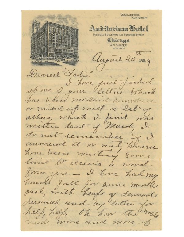 original 1914 hand-written letter and envelope from adler and sullivan's 1889 auditorium building hotel