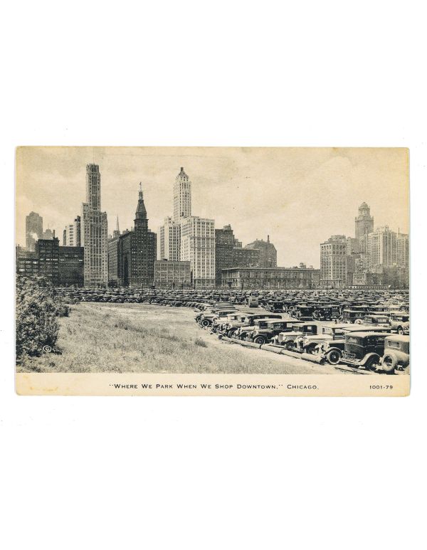 unusual american deppression-era "where we park when we shop downtown" antique chicago postcard 
