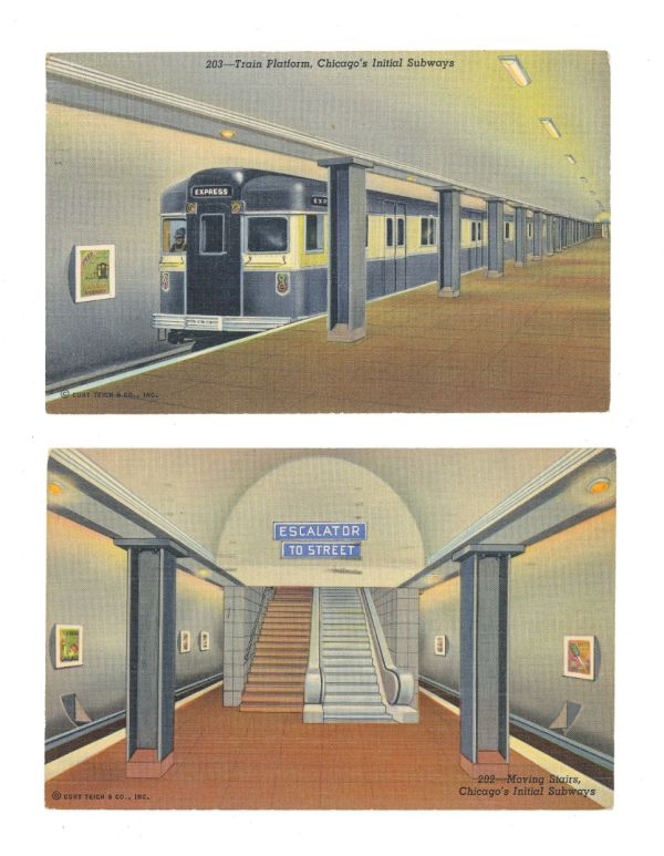 two curt teich 1940-1950 vintage postcards of chicago's subway 