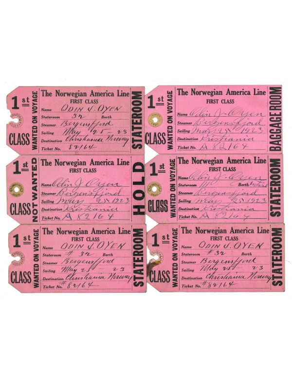 group of six 1923 norwegian america line ship baggage claim cards for interior decorator odin j. oyen