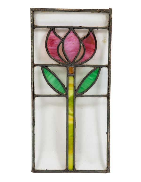 early 20th century salvaged chicago diminutive leaded art glass window with richly colored floral motif