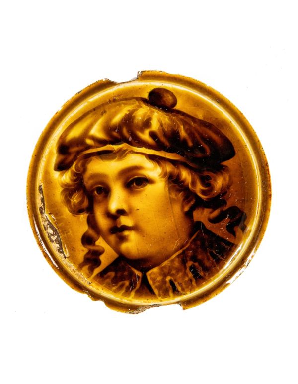 richly colored 19th century ocher-color majolica glazed figural or portrait stove tile 