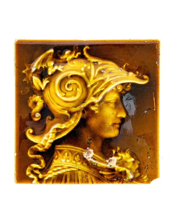 19th century richly colored olive majolica-glazed figural salvaged chicago portrait trent company fireplace tile 