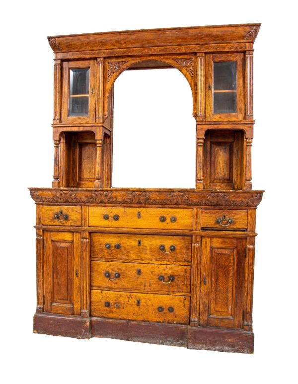 remarkable 1880s edbrooke and burnham-designed chicago varnished quartered oak wood residential built-in cabinet with intact mirror and beveled glass cabinet doors