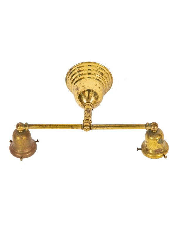 original and intact polished brass double-arm wall sconce with shade fitters and threaded set screws
