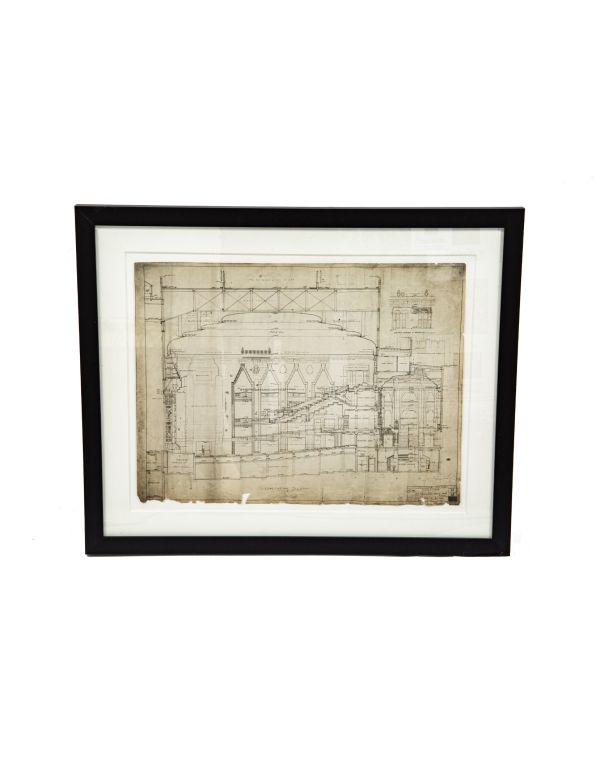 museum quality signed and dated framd and matted "whiteprint" depicting the longitudinal section of the mayan revival fisher theater