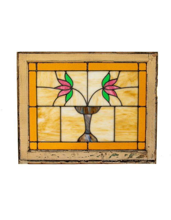 one of two early 1920's original antique american craftsman style interior residential stained glass window featuring a blue vase and pink petaled flowers