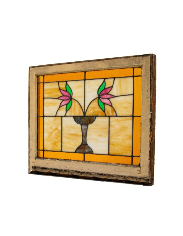 original and intact early 1920s richly colored salvaged chicago bungalow stained glass window with potted plant