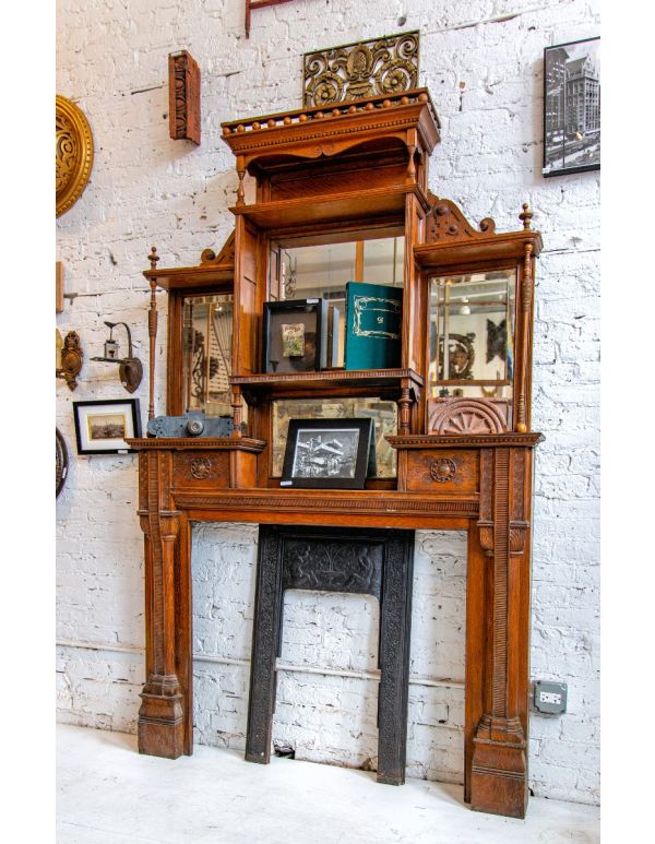 exceptional oversized all original edbrooke and burnham-designed 1880s salvaged chicago oak fireplace mantel with beveled mirrors and drawers 
