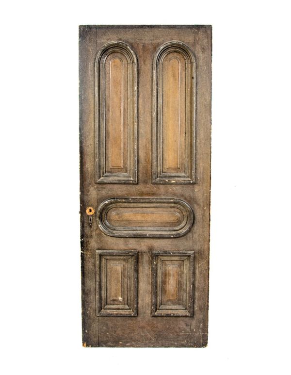 hard to find original 1870s circle-top interior residential pine wood exterior door with multi-part molding 