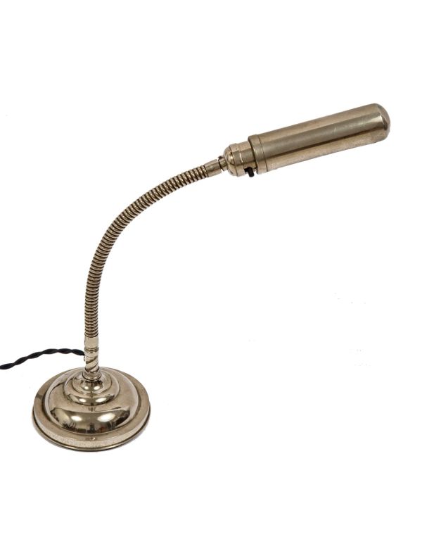 hard to find original nickel-plated early 20th century adjustable faries gooseneck factory office desl lamp with tubular shade