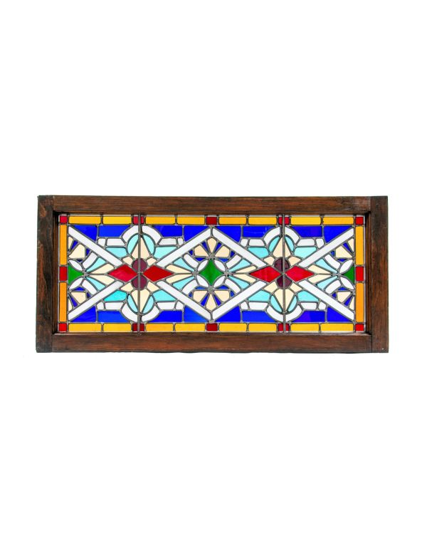 fully restored unusual 1880s salvaged chicago leaded glass victorian-era stained glass transom window with original wood sash