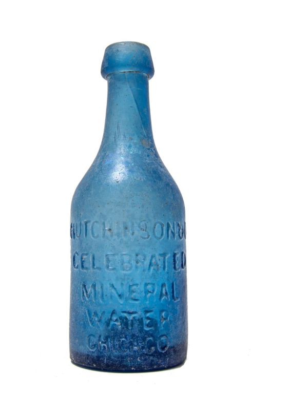 rare early 1850's light cobalt blue glass pontiled mineral water bottle manufactured for chicago bottling giant william h. hutchinson
