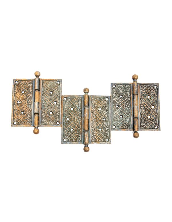three matching unusual nickel-plated cast bronze celtic pattern ball finial door hinges measuring 6 x 6 inches