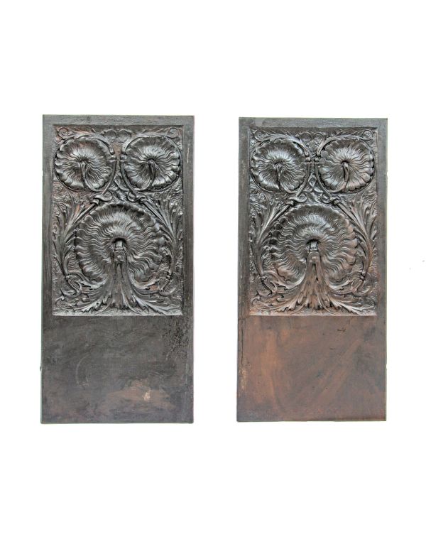 exceptional late 19th century unusually designed salvaged chicago black painted cast iron fireback panels