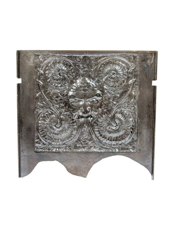 visually distinctive ornamental cast iron figural victorian-era 19th century cast iron fireback with brushed metal finish 