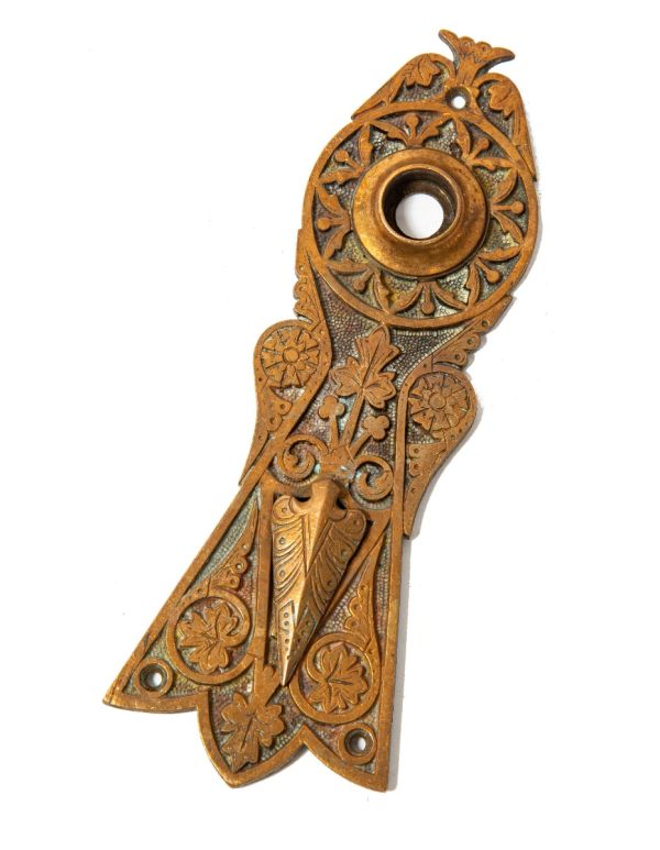 original ornamental cast bronze 1870s entrance door backplate with distinctive arrowhead swinging keyplate