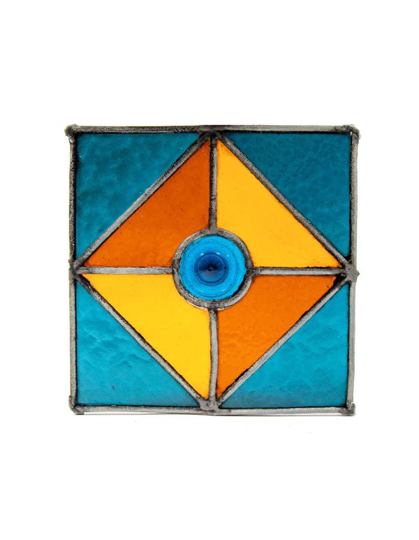 diminutive 1880s strongly geometric salvaged chicago residential stained glass panel with centrally located rondel