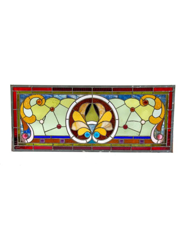 original 1890s salvaged chicago american victorian stained glass window with several multi-colored jewels 
