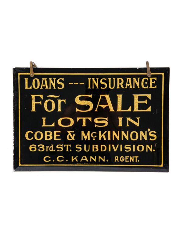 rare all original early 20th century hanging rawson and evans reverse-painted gold foil sign for cobe and mckinnon's 63rd street subdivision
