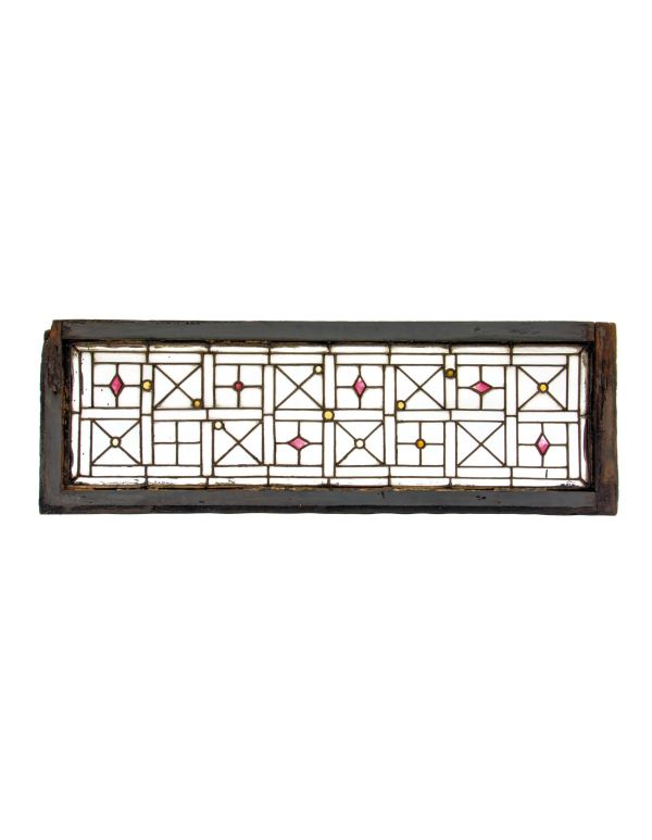 very unusual 1880s salvaged chicago custom-designed leaded glass geometric window with several oddly-shape jewels 