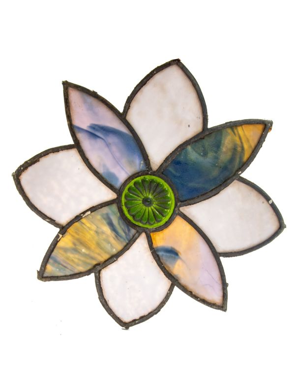 1880s original stained glass window peddled flower with oversized pressed ornamental green rondel 