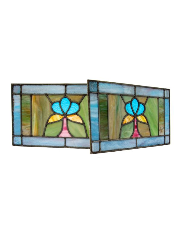 two matching early 20th century diminutive salvaged chicago arts and crafts style stained glass windows