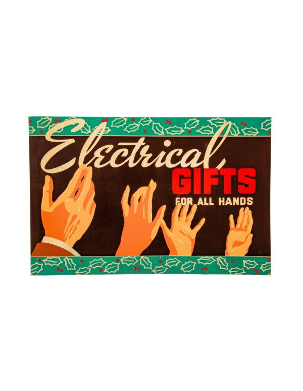 unusual 1940s oversized salvaged chicago department store "electrical gifts for all hands" christmas promotional die-cut sign