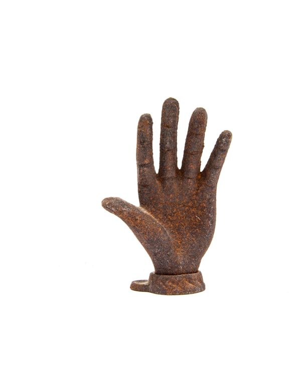 unusual early 20th century diminutive american folk art cast iron outstretched hand with base