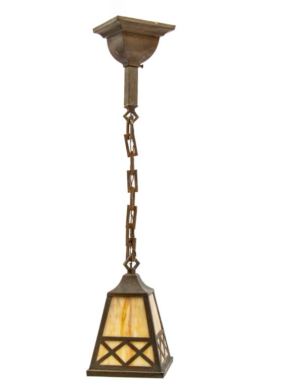 original and intact early 20th century american arts & crafts or craftsman style chicago bungalow pendant light with carmel slag glass