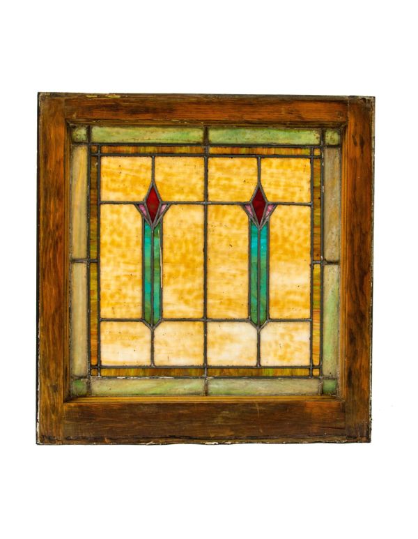 strongly geometric style original early 20th century antique american salvaged chicago stained glass window with abstract flowers