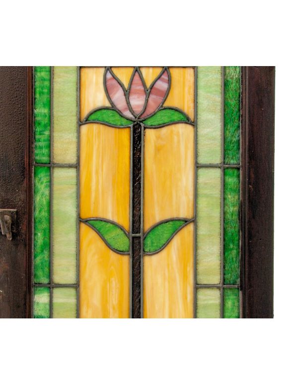all original early 1920s rectangular-shaped salvaged chicago richly colored stained glass window with centrally located flower