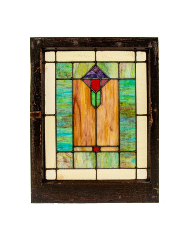 one of two exceptional prairie style eureka art glass company salvaged chicago window with wood sash frame