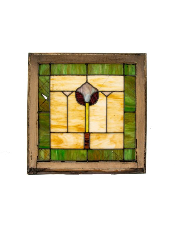 largely intact 1915-20 salvaged chicago stained glass transom window with varnished wood sash frame