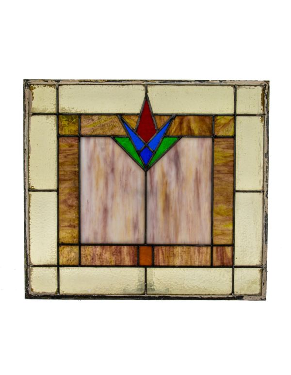 unusual 1920s diminutive salvaged chicago stained glass window with richly colored abstract floral motif