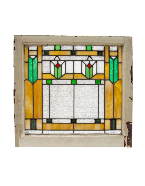 original and intact early 20th century strongly geometric salvaged chicago prairie style art glass window with sash frame