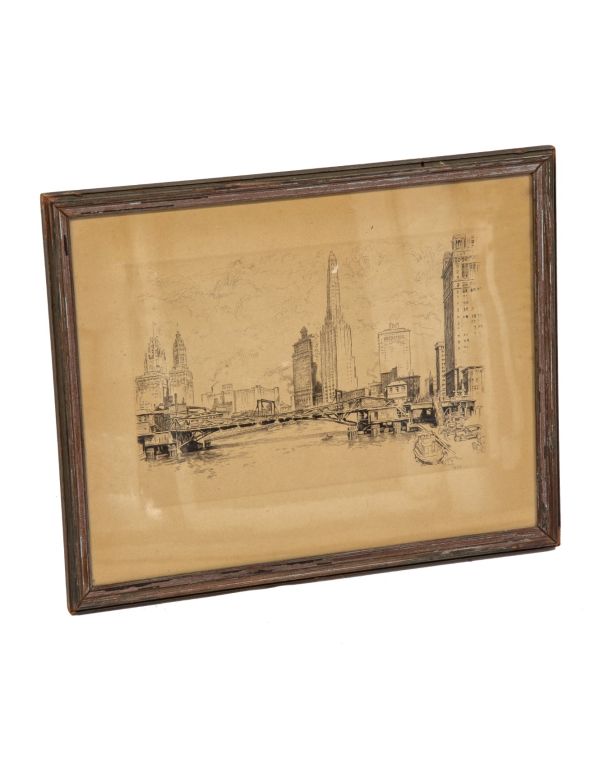 original framed and signed 1927 pencil drawing of downtown chicago by schneider