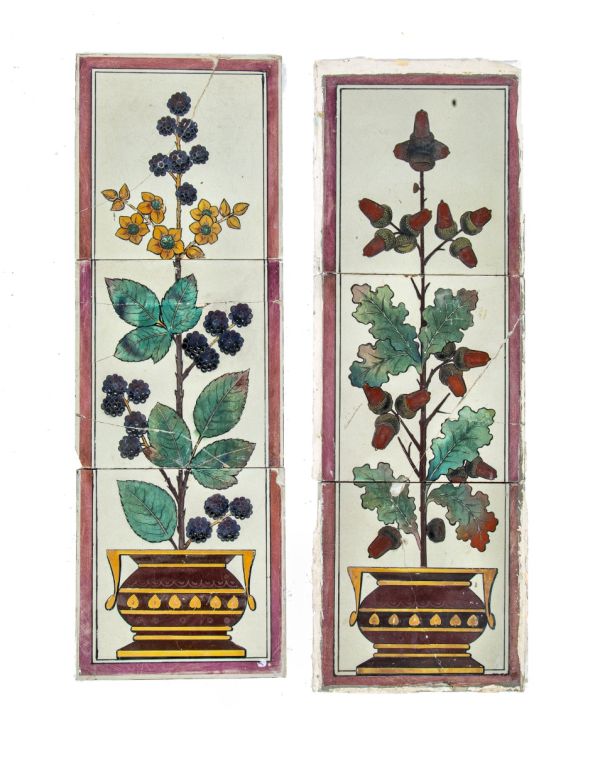 set of rare one-of-a-kind oversized hand-painted minton fireplace surround tiles salvaged from burnham and root's 1898 mary a. rozet house 