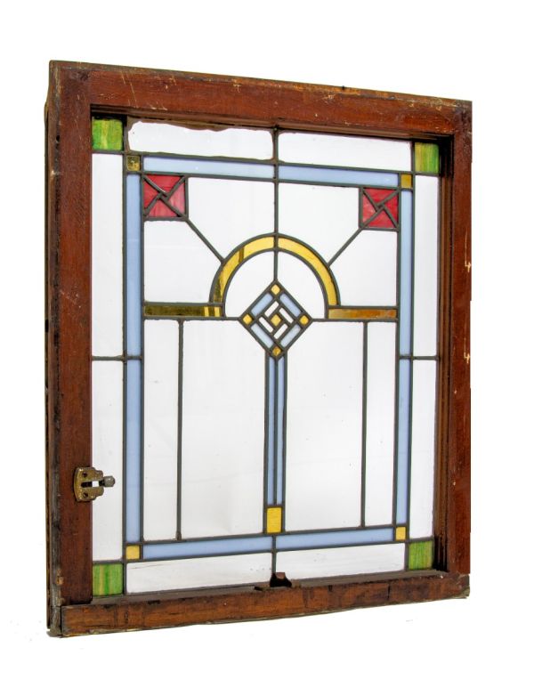 original late teens or early 1920s salvaged chicago leaded art glass prairie style window with abstract flower 