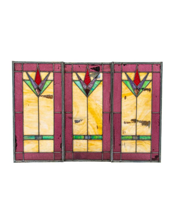 set of three matching early 20th century unusually-designed foster-munger stained glass cabinet doors