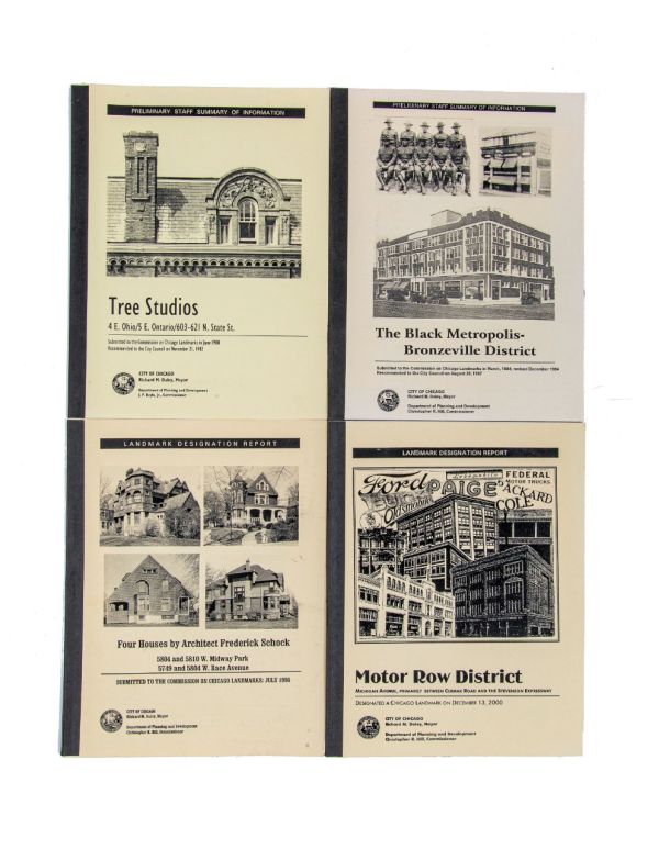 group of 4 hard to find original 1990s chicago landmarks commission reports on tree studios, black metropolis, motor row and frederick shock