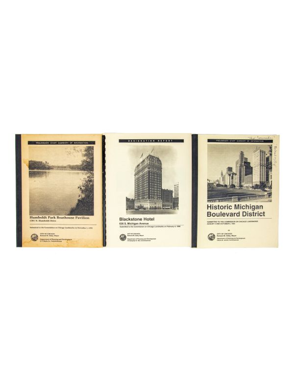 group of three original 1990s chicago landmark designation reports on humboldt park boat pavillion, blackstone hotel, and historic michigan boulevard district