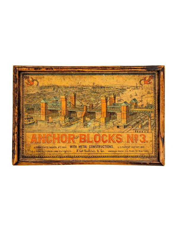 rare early 20th century complete anchor blocks no. 3 construction set with stones, guides, and wood box