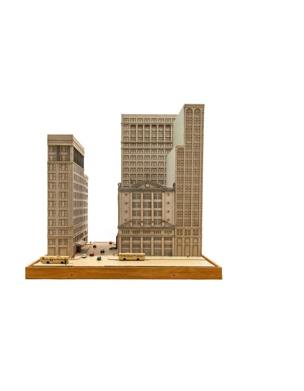 oversized and detailed 1990s stanley tigerman presentation model for a parking garage located on the se corner of state and washington streets